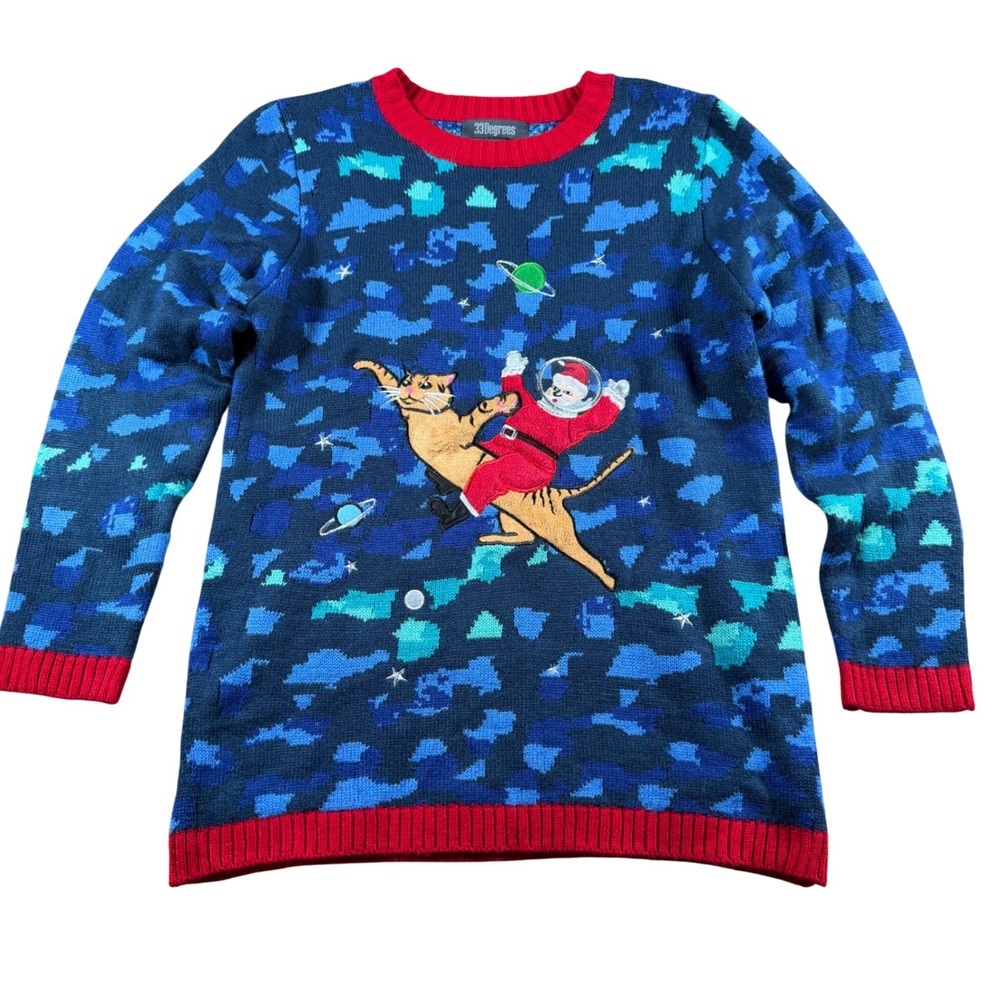 Santa Riding cat Space ugly Christmas Sweater Blue XL Mens Womens party festive‎